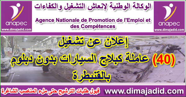 الوكالة الوطنية لإنعاش التشغيل والكفاءات: تشغيل 40 عاملة كبلاج السيارات بدون دبلوم بالقنيطرة ANAPEC: Avis recrutement Opératrices Câblage Automobile Kénitra